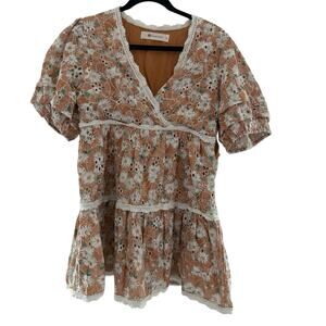 The Impeccable Pig Puff Sleeve Floral Mini Dress Medium Cotton Lined Boho Lace